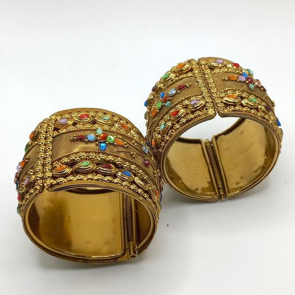 Vintage Mesh Hinged Wide, Gold Tone, Rhinestone Bangle Bracelet Pair - Picture 9 of 9